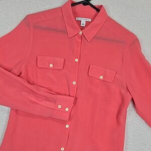 Banana Republic Womens Silk Button Up Blouse 10 Coral Pink Utility Pocket Office